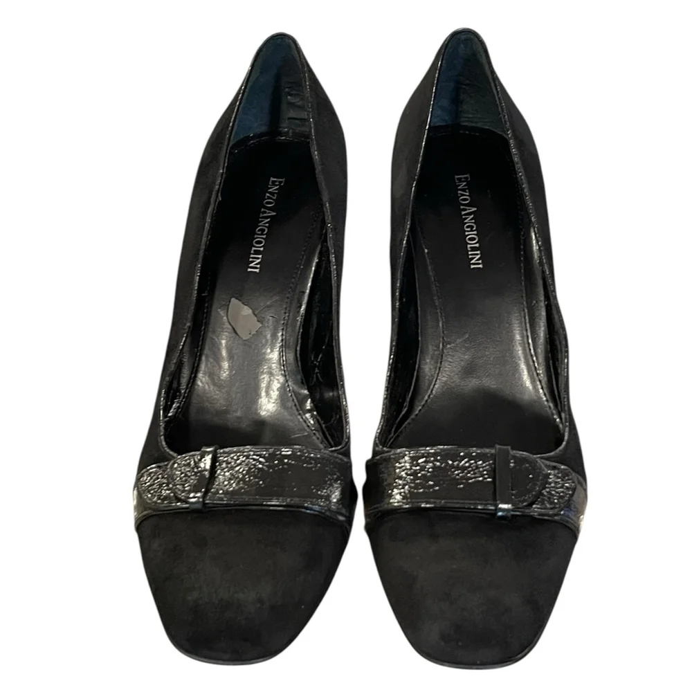 Enzo Angiolini Womens 9.5M Eatotiana Pumps Block Heel Suede Patent Accent Black